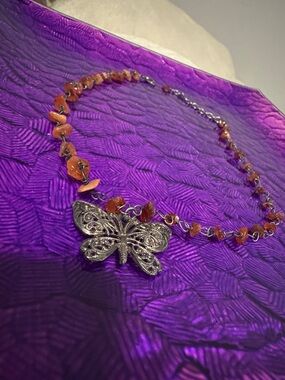 Vintage Silver Butterfly Pendant Necklace with Orange Stone Beads